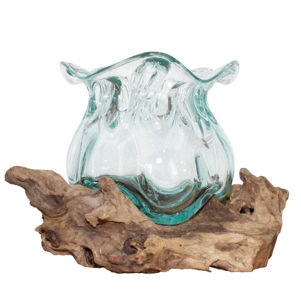 Hand Blown Fluted Molten Glass and Teak Wood Sculptured Terrarium / Vase / Candle Holder - inthegardenandmore.com