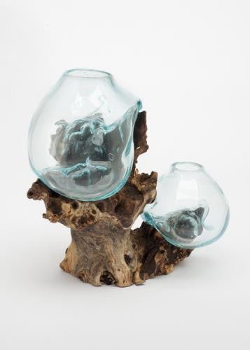 Hand Blown Molten Double Glass and Wood Root Sculptured Terrarium / Vase - inthegardenandmore.com