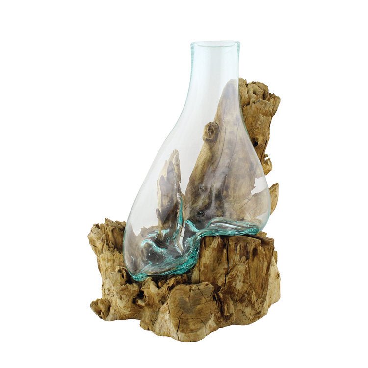 Hand Blown Molten Glass and Bleached Wood Vase - 15” - inthegardenandmore.com