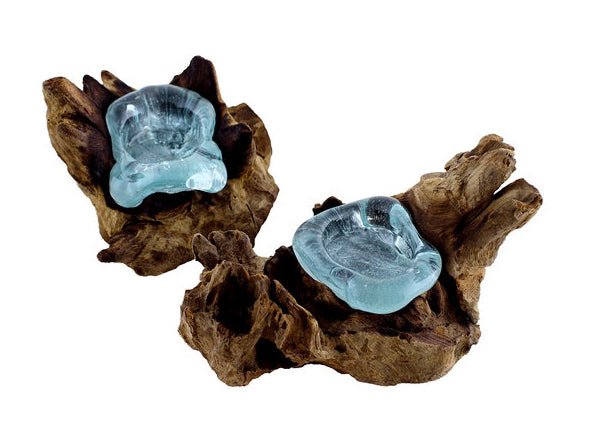 This set of two Hand Blown Molten Glass and Wood Root Sculptured Candle Holders can be used together or separately