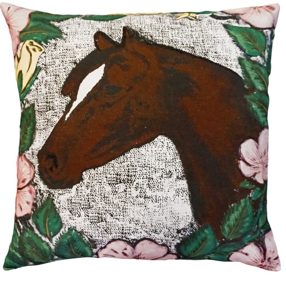 This beautiful equestrian accent pillow features a horse, framed with pink and yellow flowers, has had its image printed on a 300 count, 100% cotton fabric pillow and then skillfully embellished with embroidered details.