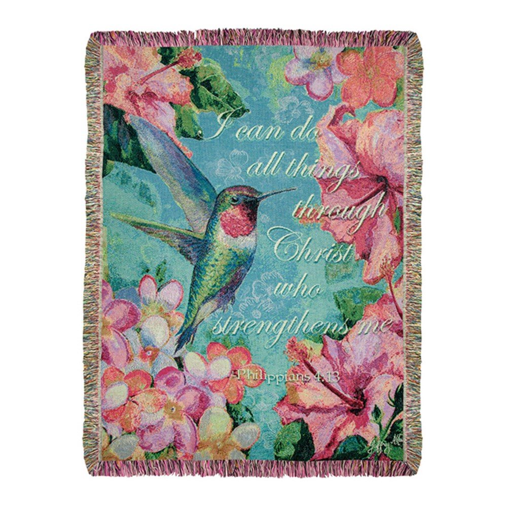 Hummingbird and Hibiscus, I Can Do All Things Through Christ, Inspirational Tapestry Throw - inthegardenandmore.com