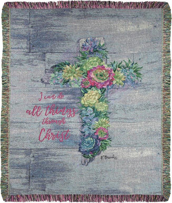 I Can Do All Things Through Christ Succulent Cross Throw Blanket - inthegardenandmore.com