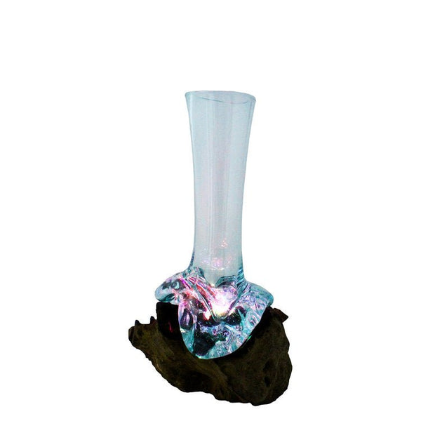 Illuminating Hand Blown Molten Glass and Wood Stem Vase – 10” - inthegardenandmore.com