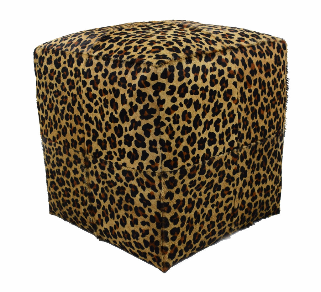 Leopard Printed Cowhide Cube Pouf Stool Ottoman - inthegardenandmore.com