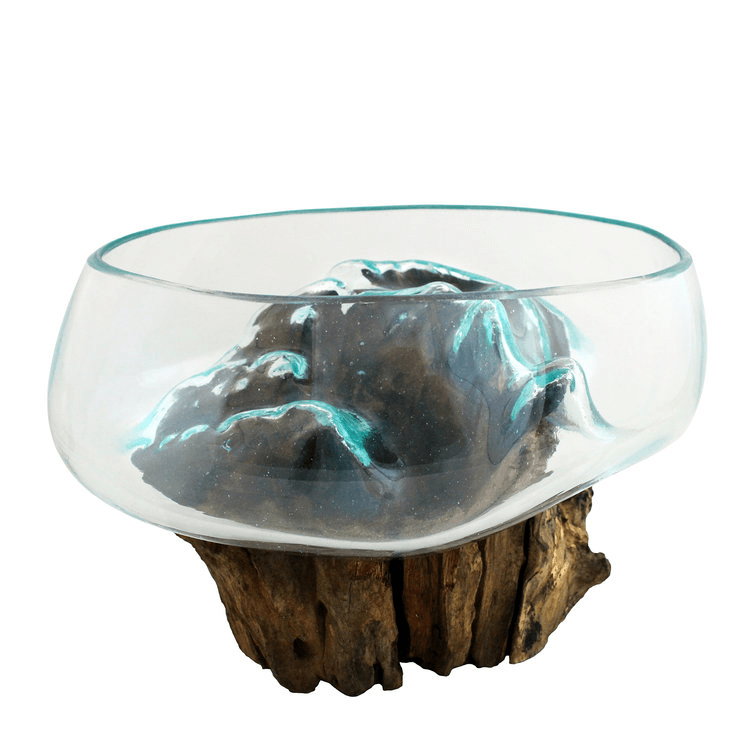 Medium Hand Blown Molten Glass and Wood Root Sculptured Succulent Bowl Terrarium (9”x9”) - inthegardenandmore.com