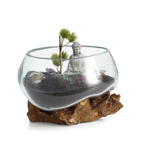 Medium Hand Blown Molten Glass and Wood Root Sculptured Succulent Bowl Terrarium (9”x9”) - inthegardenandmore.com