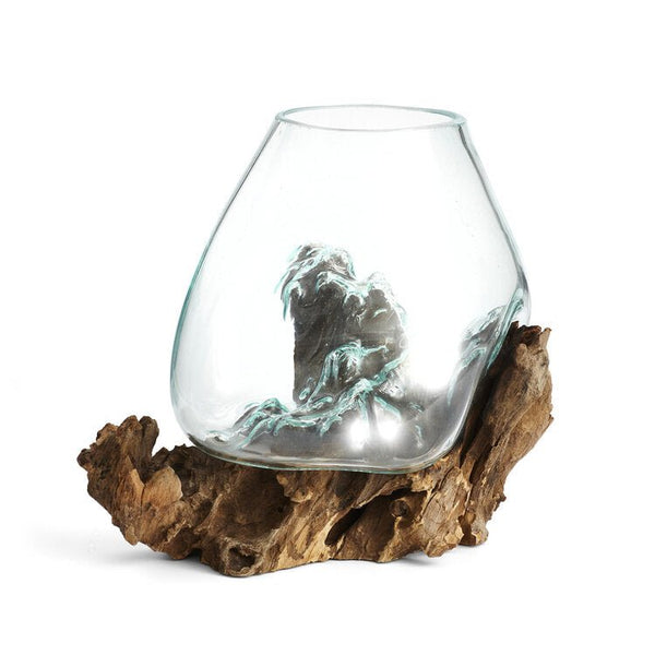 Medium Hand Blown Molten Glass and Wood Root Sculptured Terrarium / Vase / Fish Bowl (8x9”) - inthegardenandmore.com