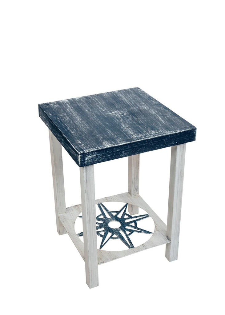 Navy Blue and White Square Iron and Wood End Table with Nautical Compass Accent - inthegardenandmore.com