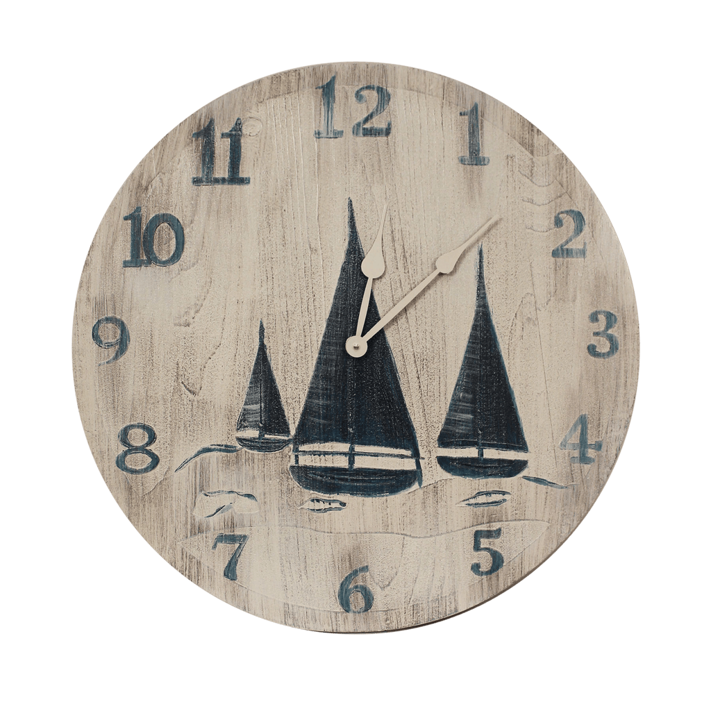 Navy Blue and White Wood Clock with Etched Sailboat Scene (24") - inthegardenandmore.com