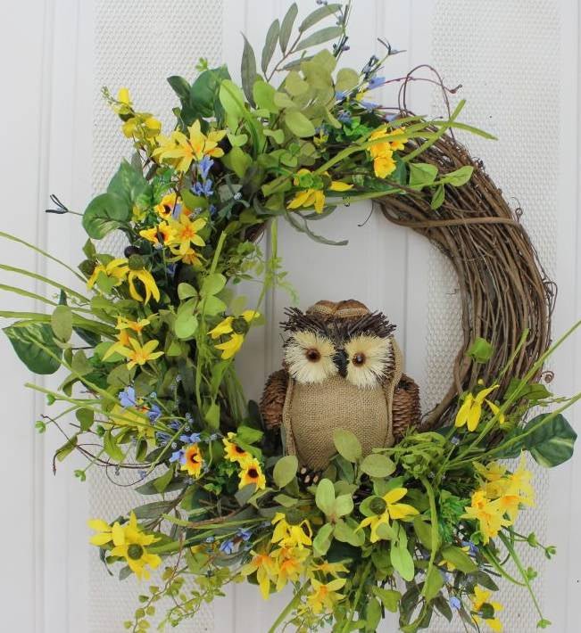 Owl and Yellow Flowers Grapevine and Silk Front Door Wreath - inthegardenandmore.com