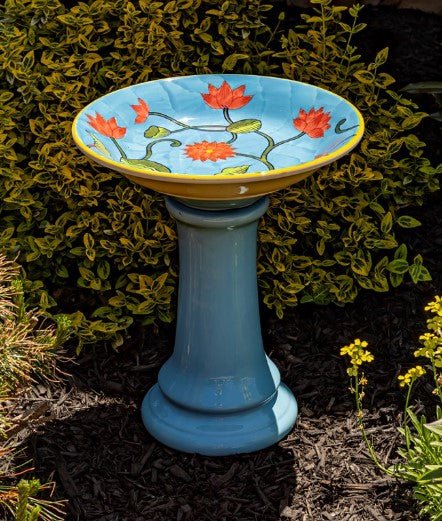 Pastel Blue High Gloss Hand Painted Porcelain Birdbath - inthegardenandmore.com