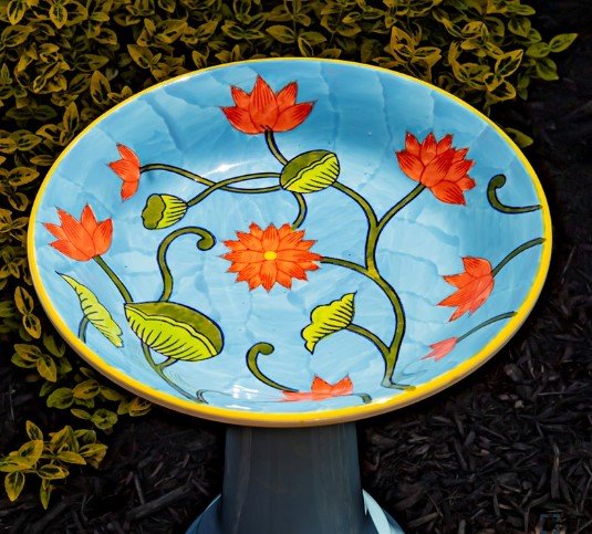 Pastel Blue High Gloss Hand Painted Porcelain Birdbath - inthegardenandmore.com