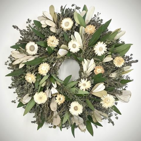 Pearly White and Lavender Preserved Wreath – 16” - inthegardenandmore.com