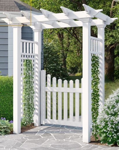 Pristine White Fairfield Garden Arbor With Cottage Picket Gate - inthegardenandmore.com