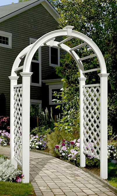 Pristine White Livingston Lattice Vinyl Garden Arbor - inthegardenandmore.com