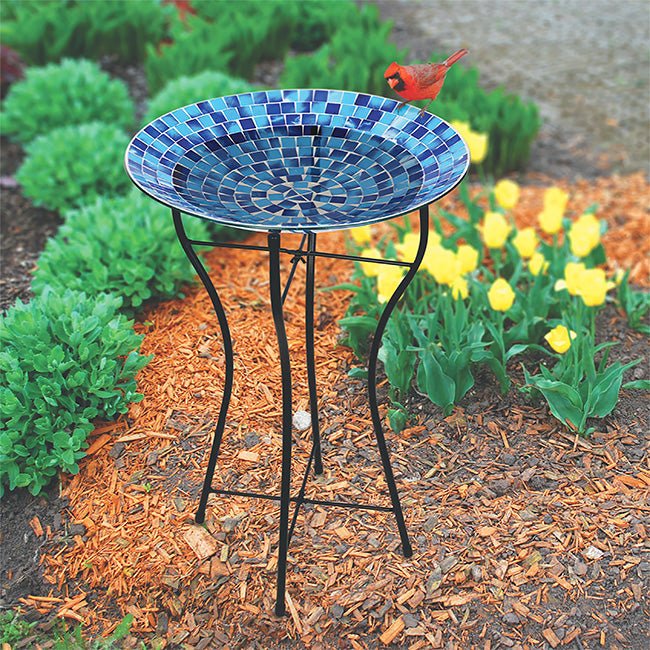 Purple Hues Mosaic Glass Birdbath with Black Metal Stand - inthegardenandmore.com