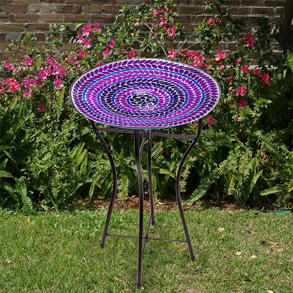 Purple Hues Mosaic Glass Birdbath with Black Metal Stand - inthegardenandmore.com