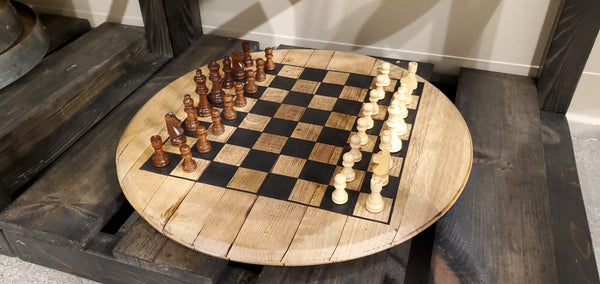 Reclaimed and Repurposed Bourbon Barrelhead Chess Set - inthegardenandmore.com