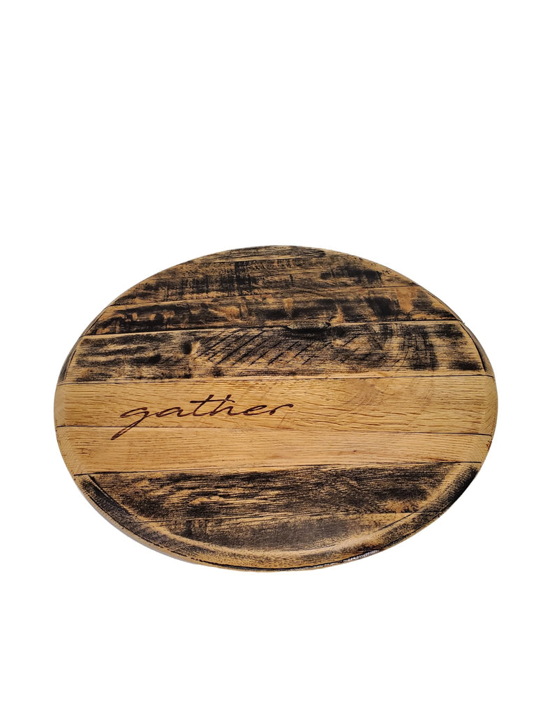 Our Distressed  Black Reclaimed Bourbon Barrel Head Lazy Susan Without Handles