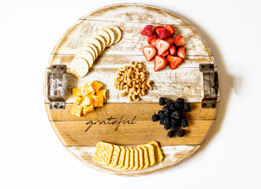 Our Distressed  White Reclaimed Bourbon Barrel Head Lazy Susan With Handles