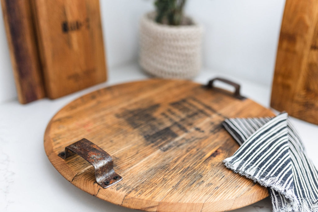 Reclaimed Vintage Bourbon Barrel Wood Serving Tray - inthegardenandmore.com