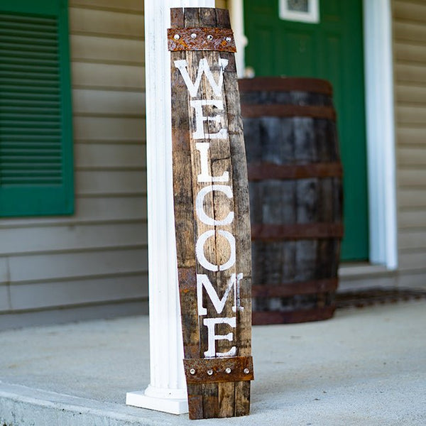 Reclaimed Whiskey Barrel Porch Welcome Sign - inthegardenandmore.com