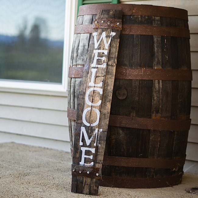 Reclaimed Whiskey Barrel Porch Welcome Sign - inthegardenandmore.com