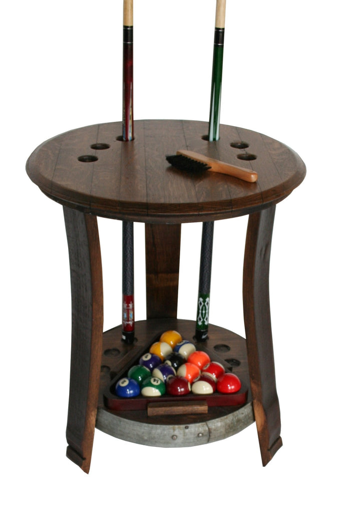 Reclaimed Wine Barrel Head Pool Cue Rack Table - inthegardenandmore.com