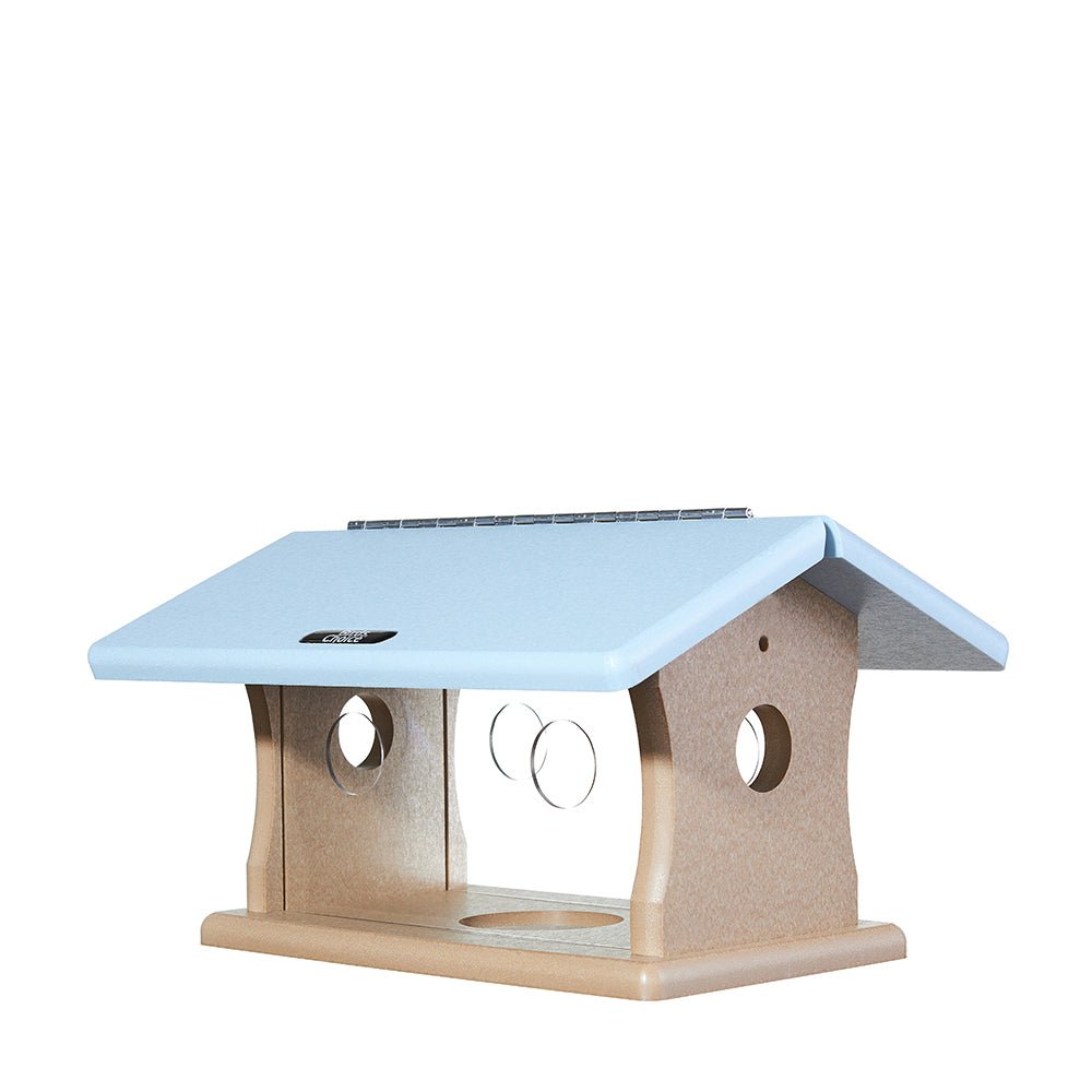 Recycled Poly Lumber Plastic Bluebird Feeder - Taupe and Blue - inthegardenandmore.com