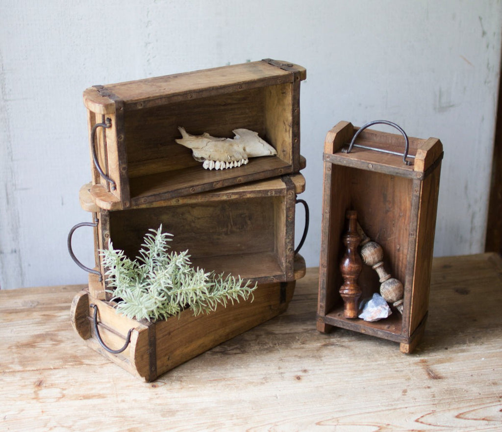 Recycled Wooden Brick Mold Boxes With Iron Handles - Set of 2 - inthegardenandmore.com