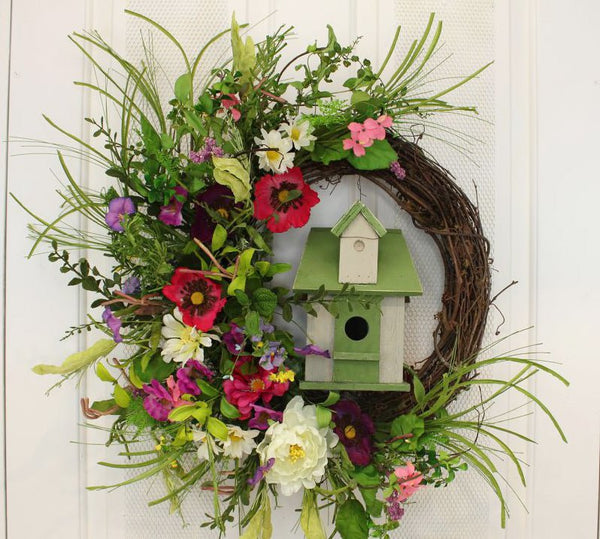 Red Poppies and Birdhouse Wispy Grapevine and Silk Front Door Wreath - inthegardenandmore.com