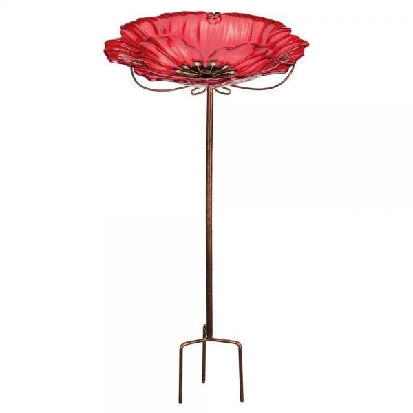 Red Poppy Garden Stake Birdbath or Bird Feeder - inthegardenandmore.com