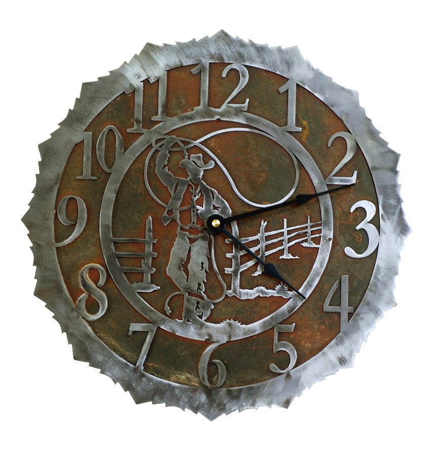 Roping Cowboy Handcrafted Rustic Metal Wall Clock - 12" - inthegardenandmore.com