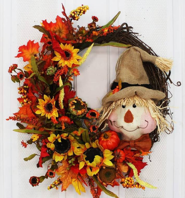 Scarecrow and Sunflowers Fall Grapevine Front Door Wreath - inthegardenandmore.com