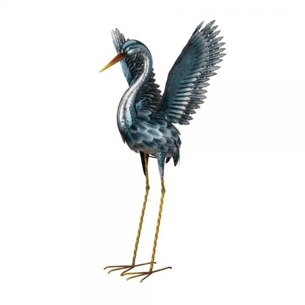 Seaside Blue Metallic Crane Metal Yard Art Sculpture (down) - inthegardenandmore.com