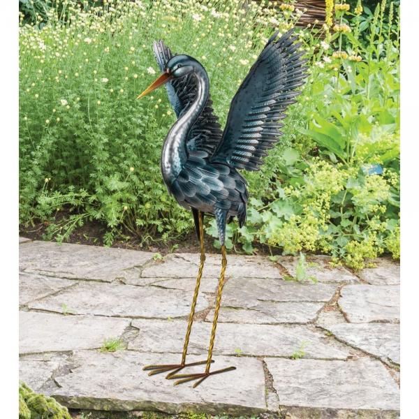 Seaside Blue Metallic Crane Metal Yard Art Sculpture (up) - inthegardenandmore.com