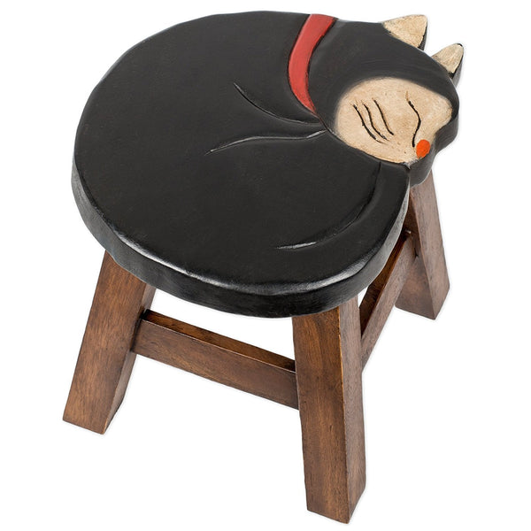 Sleeping Tuxedo Kitty Handcrafted Wood Stool Footstool - inthegardenandmore.com