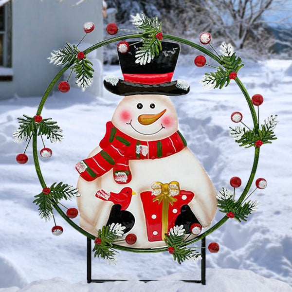 Snowman and Wreath Metal Staked Yard Art - inthegardenandmore.com