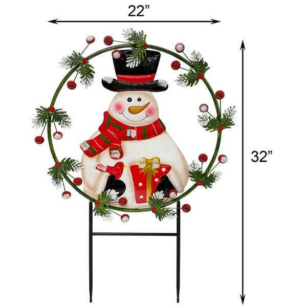 Snowman and Wreath Metal Staked Yard Art - inthegardenandmore.com