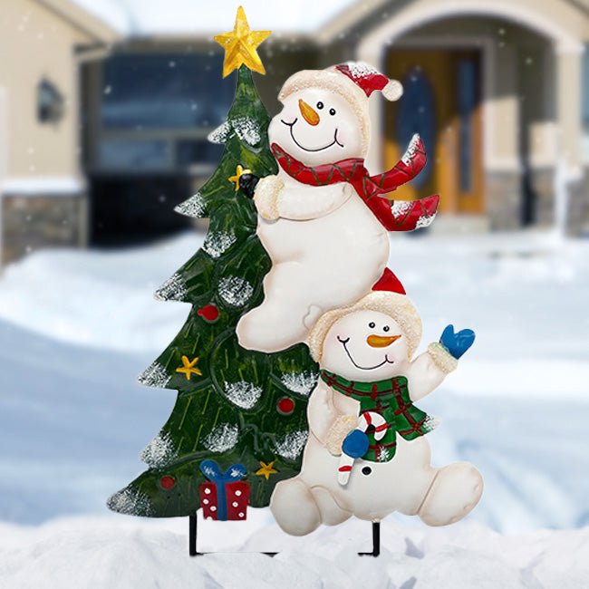 Snowmen Decorating Christmas Tree Metal Yard Art - inthegardenandmore.com