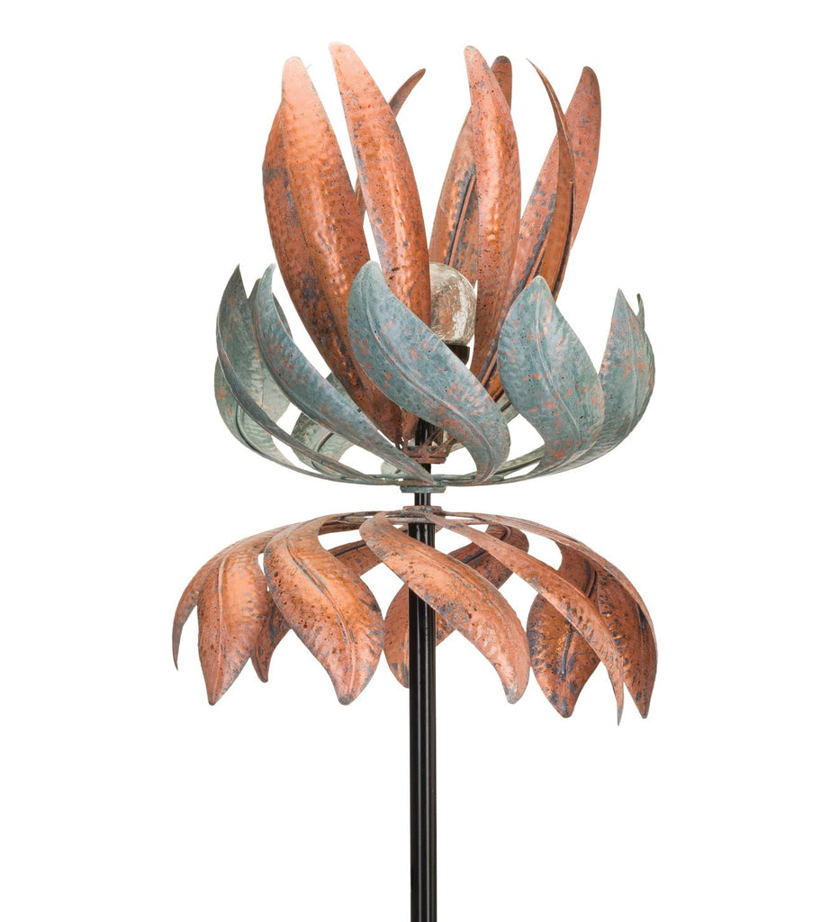 Solar Lotus Leaves Vertical Metal Kinetic Garden Stake Wind Spinner - inthegardenandmore.com