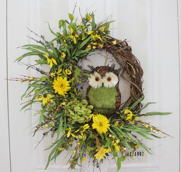 Springtime Owl Nestled In A Collection Yellow Flowers, Front Door Wreath – 24” - inthegardenandmore.com