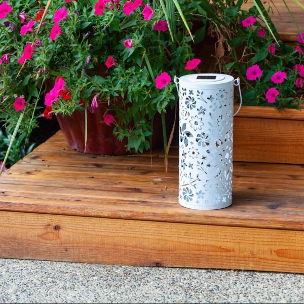 Starlight White Punched Metal Solar Lantern - inthegardenandmore.com