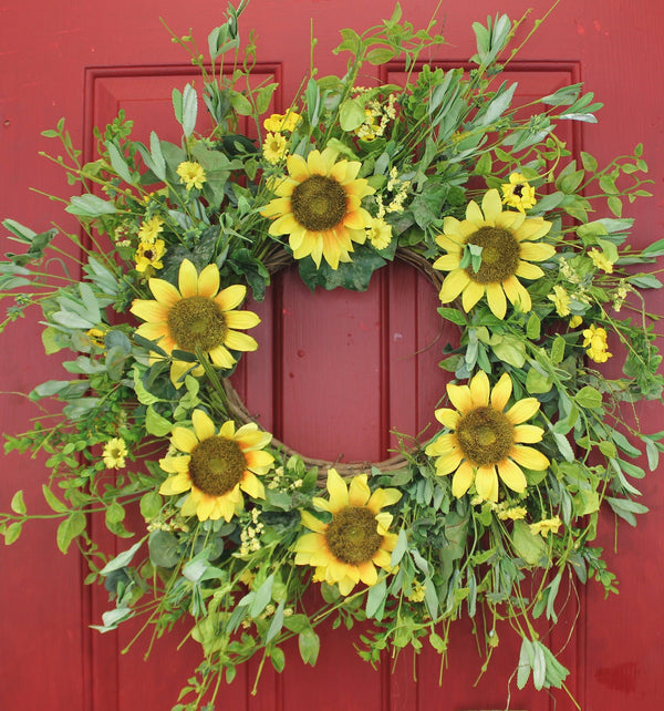 Sunsational Sunflowers Wispy Silk Front Door Wreath – 22” - inthegardenandmore.com