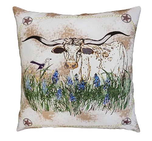 Texas Longhorn in the Blue Bells Cotton Embroidered Pillow (20”x20”) - inthegardenandmore.com