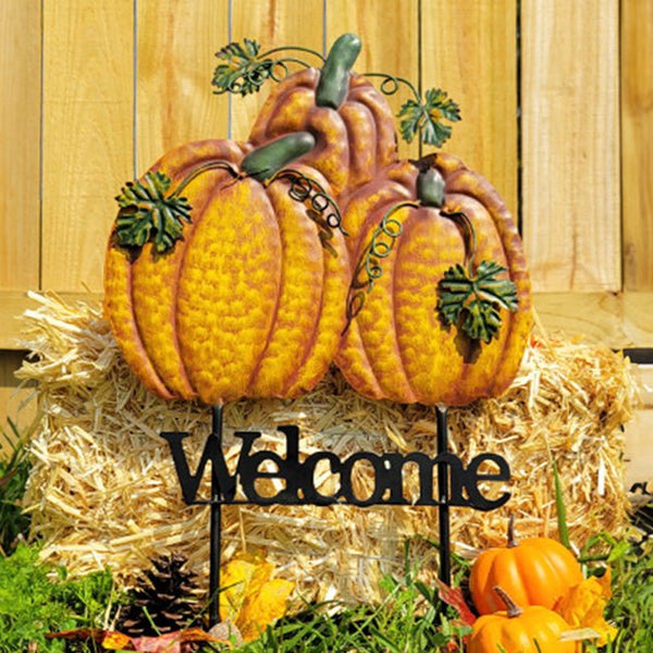 Triple Pumpkins Welcome Metal Yard Art - inthegardenandmore.com