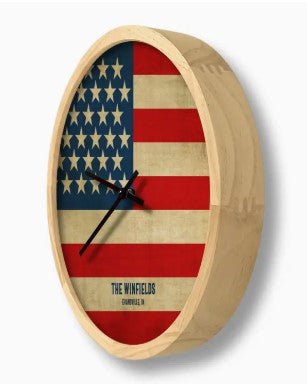 United States Flag Rustic Casual Wall Clock – Can be Personalized - inthegardenandmore.com