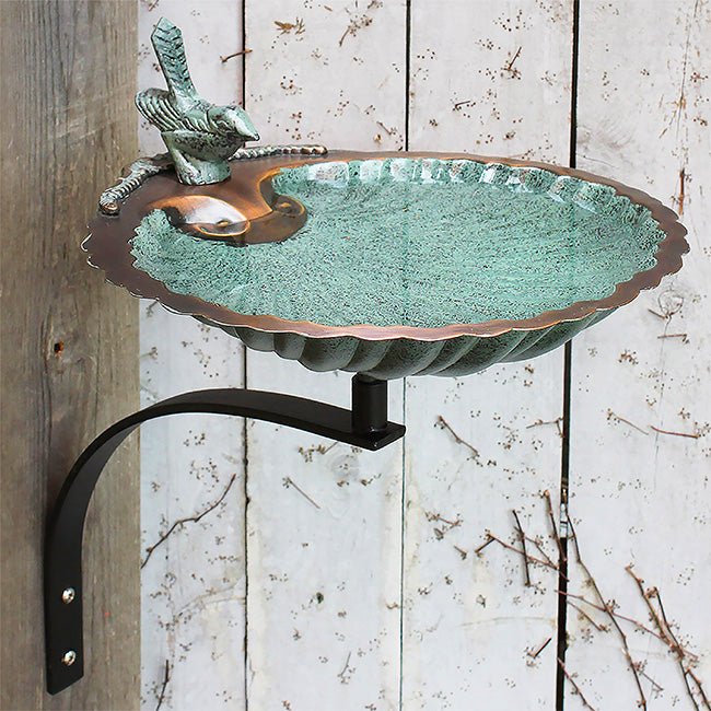 Verdigris Scalloped Shell Birdbath with Black Metal Wall Bracket - inthegardenandmore.com