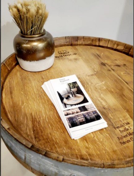 Wine Barrel Head Lazy Susan With Ring and Original Barrel Stamps - inthegardenandmore.com